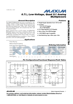 MAX4784 datasheet - 0.7 M Low-Voltage, Quad 2:1 Analog Multiplexers