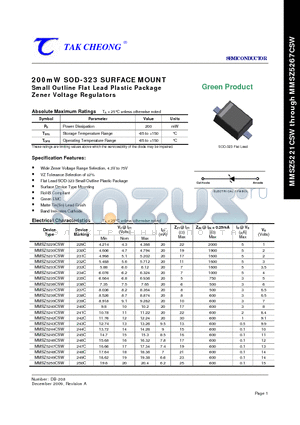 MMSZ5230CSW datasheet - 200mW SOD-323 SURFACE MOUNT Small Outline Flat Lead Plastic Package Zener Voltage Regulators