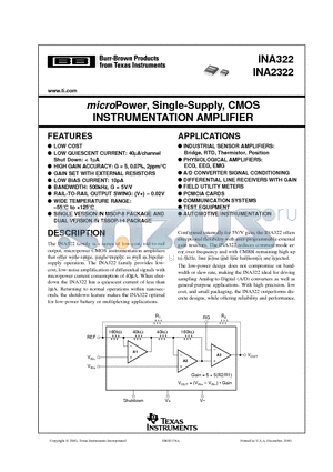 INA322EA/250 datasheet - microPower, Single-Supply, CMOS INSTRUMENTATION AMPLIFIER
