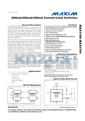 MAX4789ETT+ datasheet - 200mA/250mA/300mA Current-Limit Switches