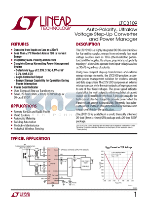 LTC3588-1 datasheet - Auto-Polarity, Ultralow Voltage Step-Up Converter