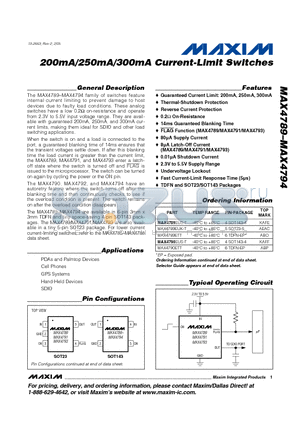 MAX4791EUK datasheet - 200mA/250mA/300mA Current-Limit Switches