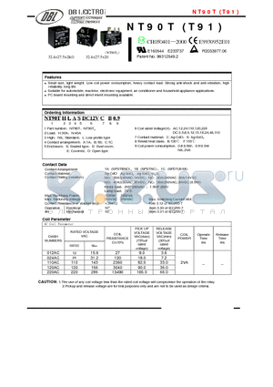 NT90T datasheet - Small size, light weight. Low coil power consumption, heavy contact load. Strong anti-shock and anti-vibration, high reliability, long life.