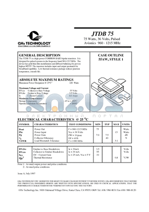 JTDB75 datasheet - 75 Watts, 36 Volts, Pulsed Avionics 960 - 1215 MHz