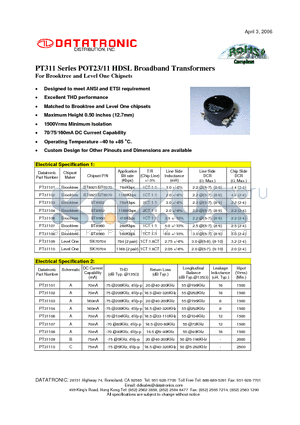PT31107 datasheet - POT23/11 HDSL Broadband Transformers