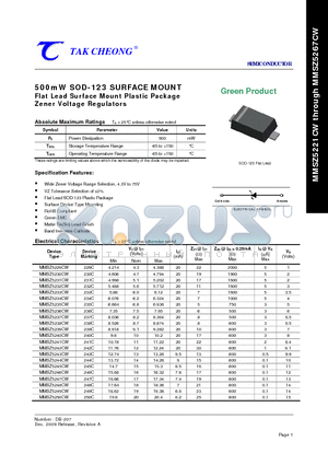 MMSZ5231CW datasheet - 500mW SOD-123 SURFACE MOUNT Flat Lead Surface Mount Plastic Package Zener Voltage Regulators
