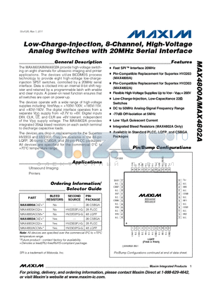 MAX4800ACXZ datasheet - Low-Charge-Injection, 8-Channel, High-Voltage Analog Switches with 20MHz Serial Interface