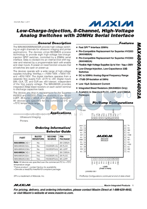 MAX4802ACQI datasheet - Low-Charge-Injection, 8-Channel, High-Voltage Analog Switches with 20MHz Serial Interface