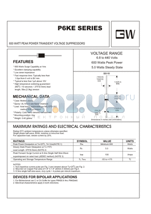 P6KE11 datasheet - 600 WATT PEAK POWER TRANSIENT VOLTAGE SUPPRESSORS