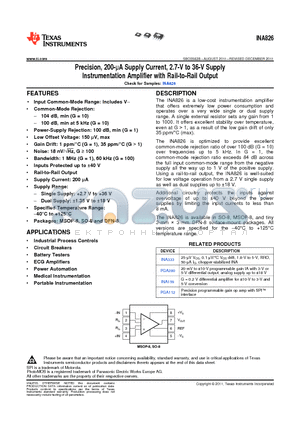 INA826 datasheet - Precision, 200-lA Supply Current, 2.7-V to 36-V Supply Instrumentation Amplifier with Rail-to-Rail Output
