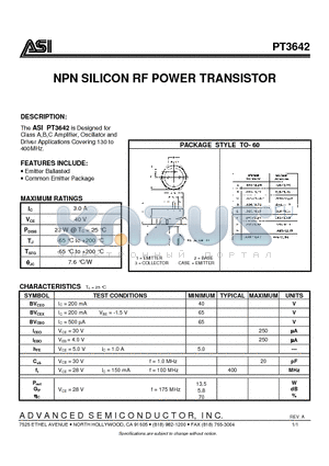 PT3642 datasheet - NPN SILICON RF POWER TRANSISTOR