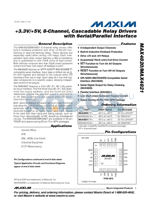 MAX4820 datasheet - 3.3V/5V, 8-Channel, Cascadable Relay Drivers  with Serial/Parallel Interface