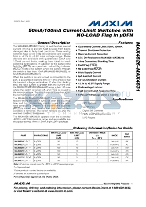 MAX4829ELT datasheet - 50mA/100mA Current-Limit Switches with NO-LOAD Flag in uDFN