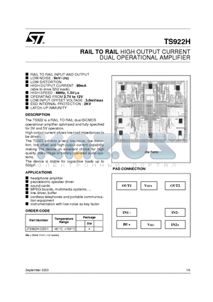 JTS922H-DZD1 datasheet - RAIL TO RAIL HIGH OUTPUT CURRENT DUAL OPERATIONAL AMPLIFIER