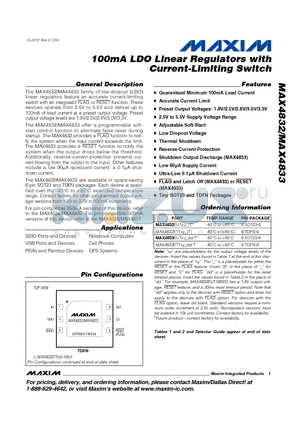MAX4832EUT18D1 datasheet - 100mA LDO Linear Regulators with Current-Limiting Switch