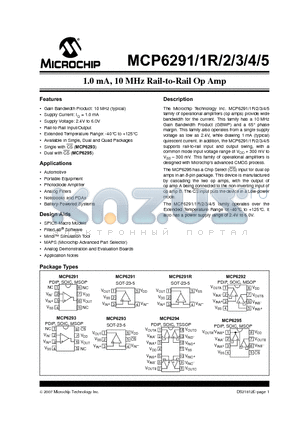 MCP6291 datasheet - 1.0 mA, 10 MHz Rail-to-Rail Op Amp