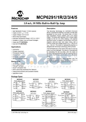 MCP6294T datasheet - 1.0 mA, 10 MHz Rail-to-Rail Op Amp