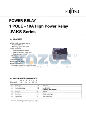 JV-12S-KS datasheet - POWER RELAY 1 POLE - 10A High Power Relay