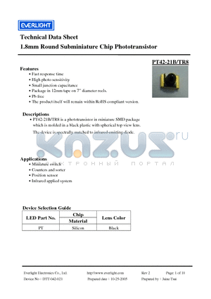 PT42-21B-TR8 datasheet - 1.8mm Round Subminiature Chip Phototransistor
