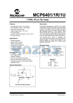 MCP6401T-E datasheet - 1 MHz, 45 A Op Amps