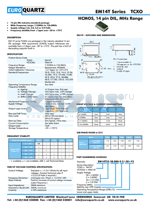 EM14T3-38.880-2.5-30 datasheet - HCMOS, 14 pin DIL, MHz Range