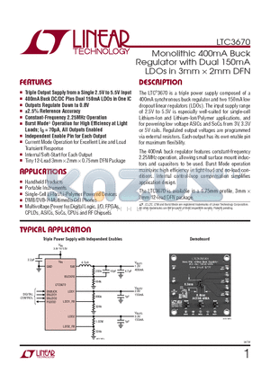 LTC3670EDDB-PBF datasheet - Monolithic 400mA Buck Regulator with Dual 150mA LDOs in 3mm  2mm DFN