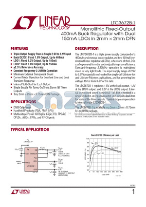 LTC3672BEDC-1-TRPBF datasheet - Monolithic Fixed-Output 400mA Buck Regulator with Dual 150mA LDOs in 2mm  2mm DFN