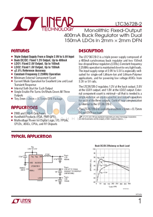 LTC3672B-2 datasheet - Monolithic Fixed-Output 400mA Buck Regulator with Dual 150mA LDOs in 2mm  2mm DFN