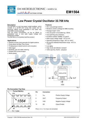 EM1564 datasheet - Low Power Crystal Oscillator 32.768 kHz