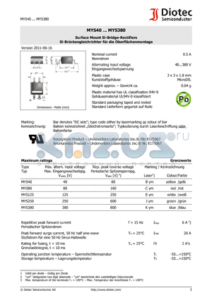 MYS380 datasheet - Surface Mount Si-Bridge-Rectifiers