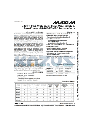 MAX485 datasheet - a15kV ESD-Protected, Slew-Rate-Limited, Low-Power, RS-485/RS-422 Transceivers