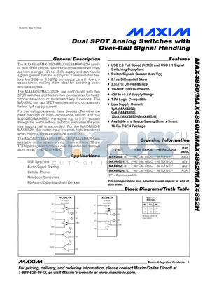 MAX4852 datasheet - Dual SPDT Analog Switches with Over-Rail Signal Handling
