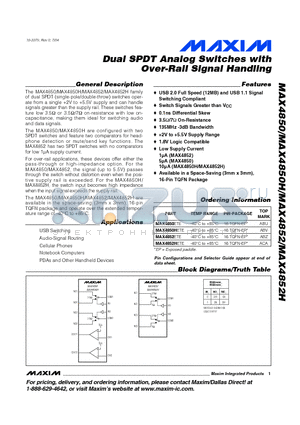 MAX4852ETE datasheet - Dual SPDT Analog Switches with Over-Rail Signal Handling