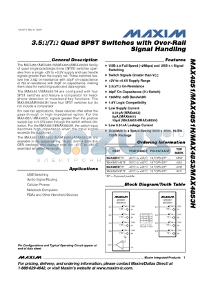 MAX4851 datasheet - 3.5 /7 Quad SPST Switches with Over-Rail Signal Handling