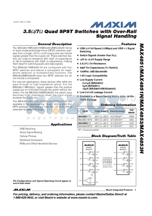 MAX4853 datasheet - 3.5 /7 Quad SPST Switches with Over-Rail Signal Handling