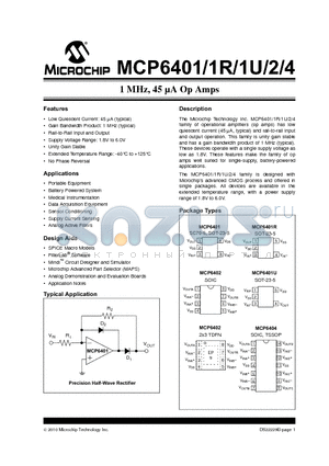 MCP6401UT-E/ST datasheet - 1 MHz, 45 lA Op Amps