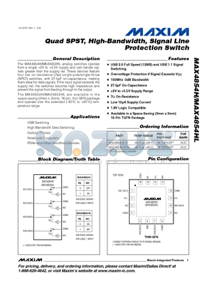 MAX4854H datasheet - Quad SPST, High-Bandwidth, Signal Line Protection Switch