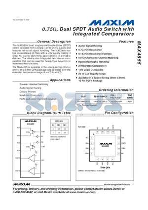 MAX4855ETE datasheet - 0.75ohm, Dual SPDT Audio Switch with Integrated Comparators