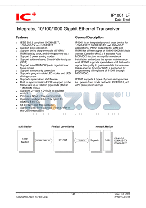 IP1001-DS-R02 datasheet - Integrated 10/100/1000 Gigabit Ethernet Transceiver