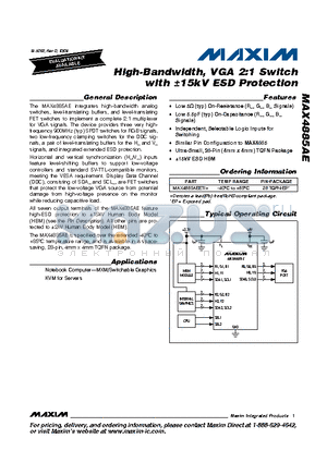 MAX4885AEETI+ datasheet - High-Bandwidth, VGA 2:1 Switch with a15kV ESD Protection