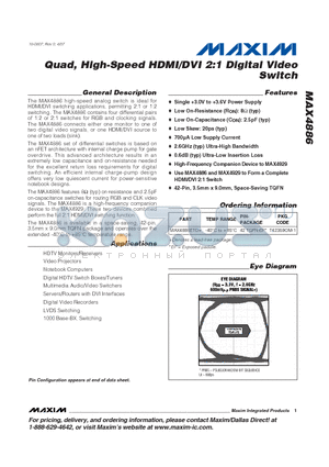 MAX4886ETO+ datasheet - Quad, High-Speed HDMI/DVI 2:1 Digital Video Switch