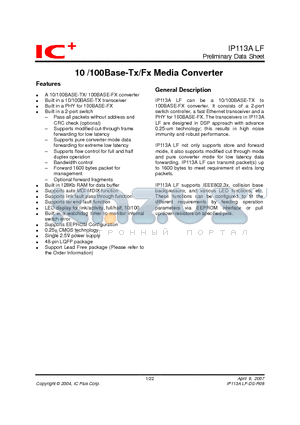 IP113ALF datasheet - 10 /100Base-Tx/Fx Media Converter