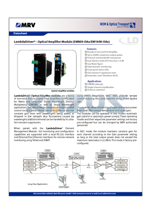 EM1600-OAP10 datasheet - LambdaDriver Optical Amplifi er Module (EM800-OAx/EM1600-OAx)