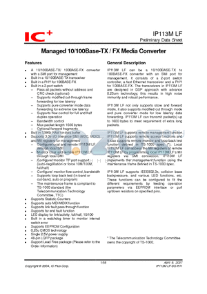 IP113MLF-DS-R11 datasheet - Managed 10/100Base-TX / FX Media Converter