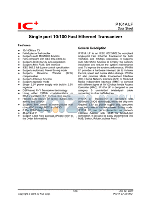 IP101ALF datasheet - Single port 10/100 Fast Ethernet Transceiver