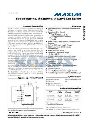 MAX4896ATP+ datasheet - Space-Saving, 8-Channel Relay/Load Driver