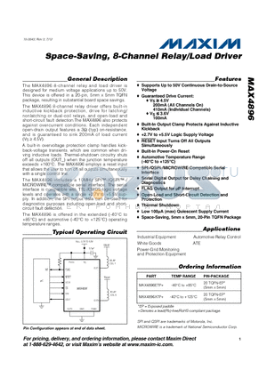 MAX4896ETP+ datasheet - Space-Saving, 8-Channel Relay/Load Driver