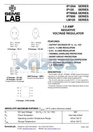 IP120AIG-15 datasheet - 1.5 AMP NEGATIVE VOLTAGE REGULATOR