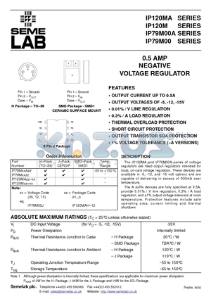 IP120MAH-15 datasheet - 0.5 AMP NEGATIVE VOLTAGE REGULATOR