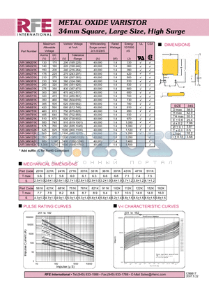 JVR-34N911K datasheet - METAL OXIDE VARISTOR 34mm Square, Large Size, High Surge